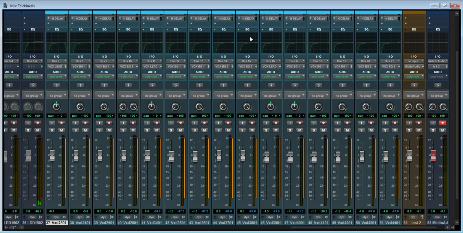 Screenshot from the book: the Pro Tools Mix window with buses and aux returns